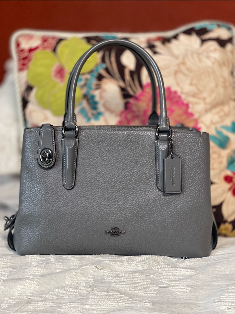 Coach Brooklyn 28 Turnlock Pebbled Leather Satchel in Gray/oxblood